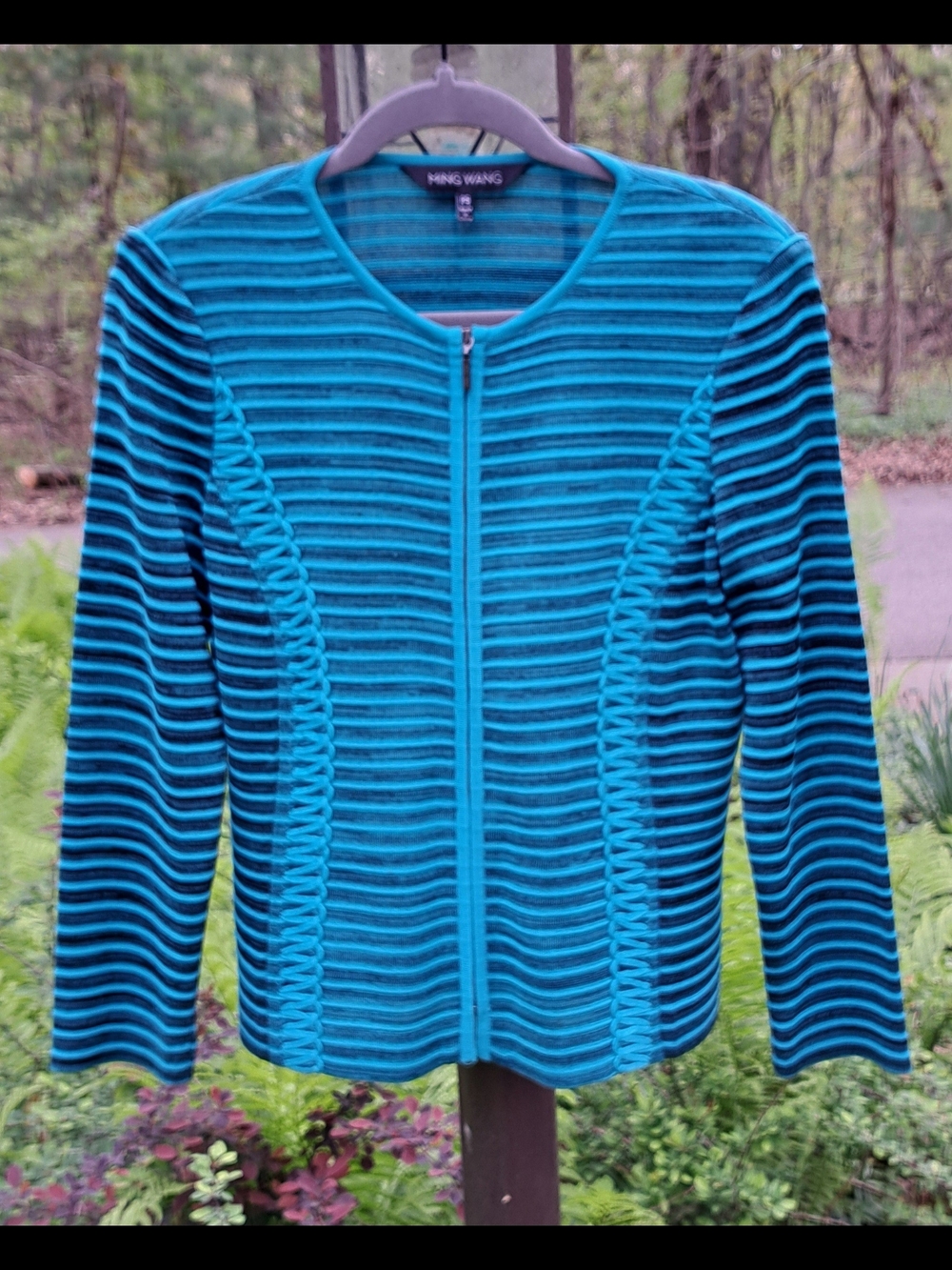 Ming Wang Teal and Black Striped Zip-Front Sweater Jacket